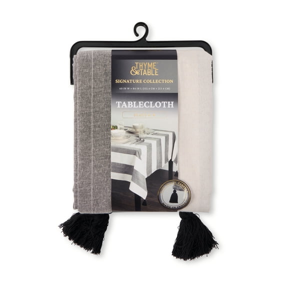 Thyme & Table 84" Rectangle Tablecloth, Tan and Black with Black Tassels