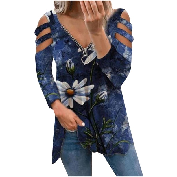 Mujeres otoño estampado floral cuello pico sexy manga larga fuera del hombro pulóver cremallera blusa camiseta tops Fridja fhghd2820