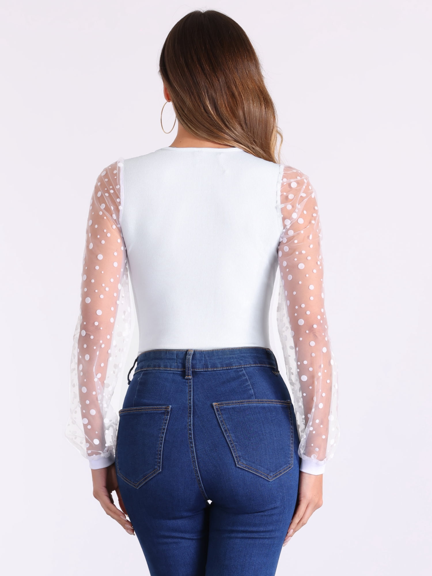 DARING DIVA Polka Dot Sheer Long Sleeve Crew Neck Bodysuit S White