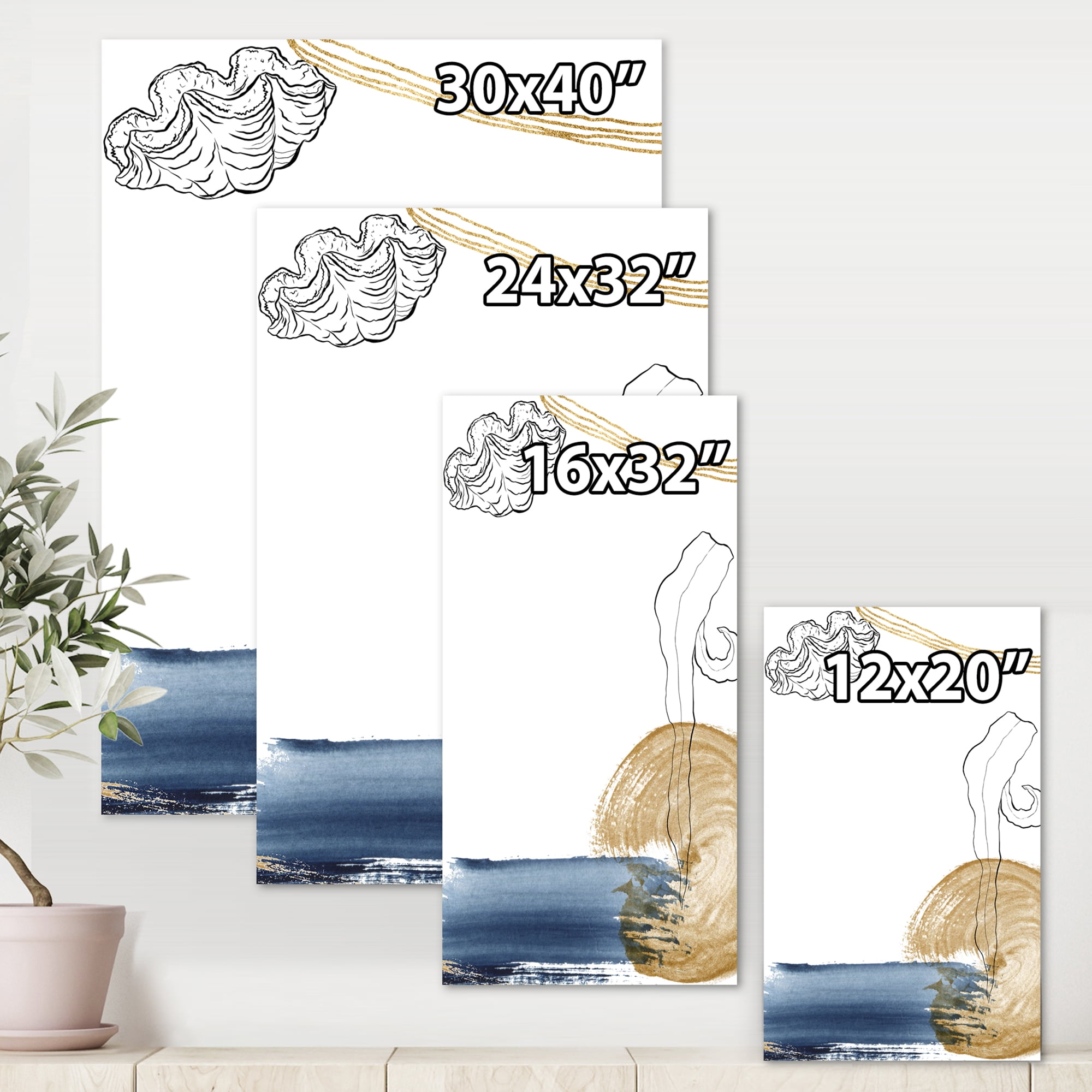 Designart ' Golden Marine Shell Classic Blue Abstract ' Farmhouse Canvas Wall Art Print