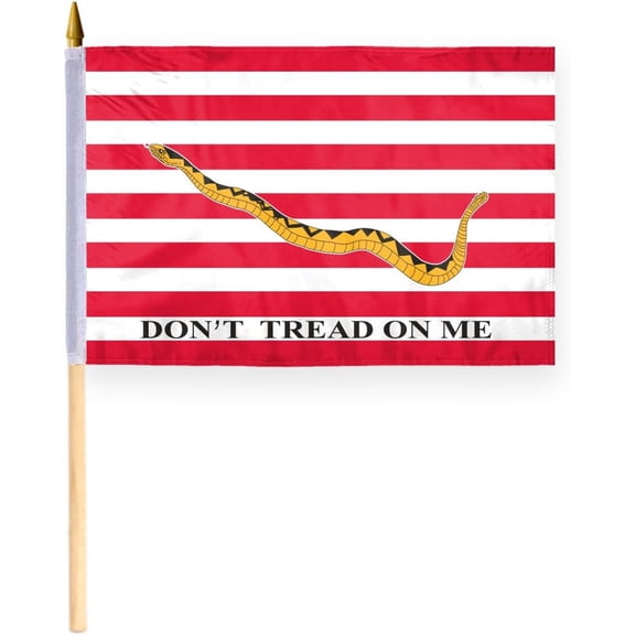 AGAS 1st Navy Jack 12 x 18 inch, Don't Tread on me Flag, 24" Wooden Staff 100% Polyester Navy Jack Mini Handheld Flag