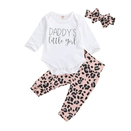 

Suanret Infant Baby Girls Fall Winter Clothes Daddy s Little Girls Print Romper Bodysuit Leopard Print Pants Outfits White 3-6 Months
