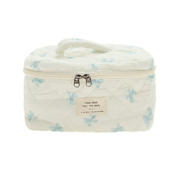 Unique Bargains 1 Pc Bow Handheld Quilting Makeup Bag White Blue Cotton Fabric