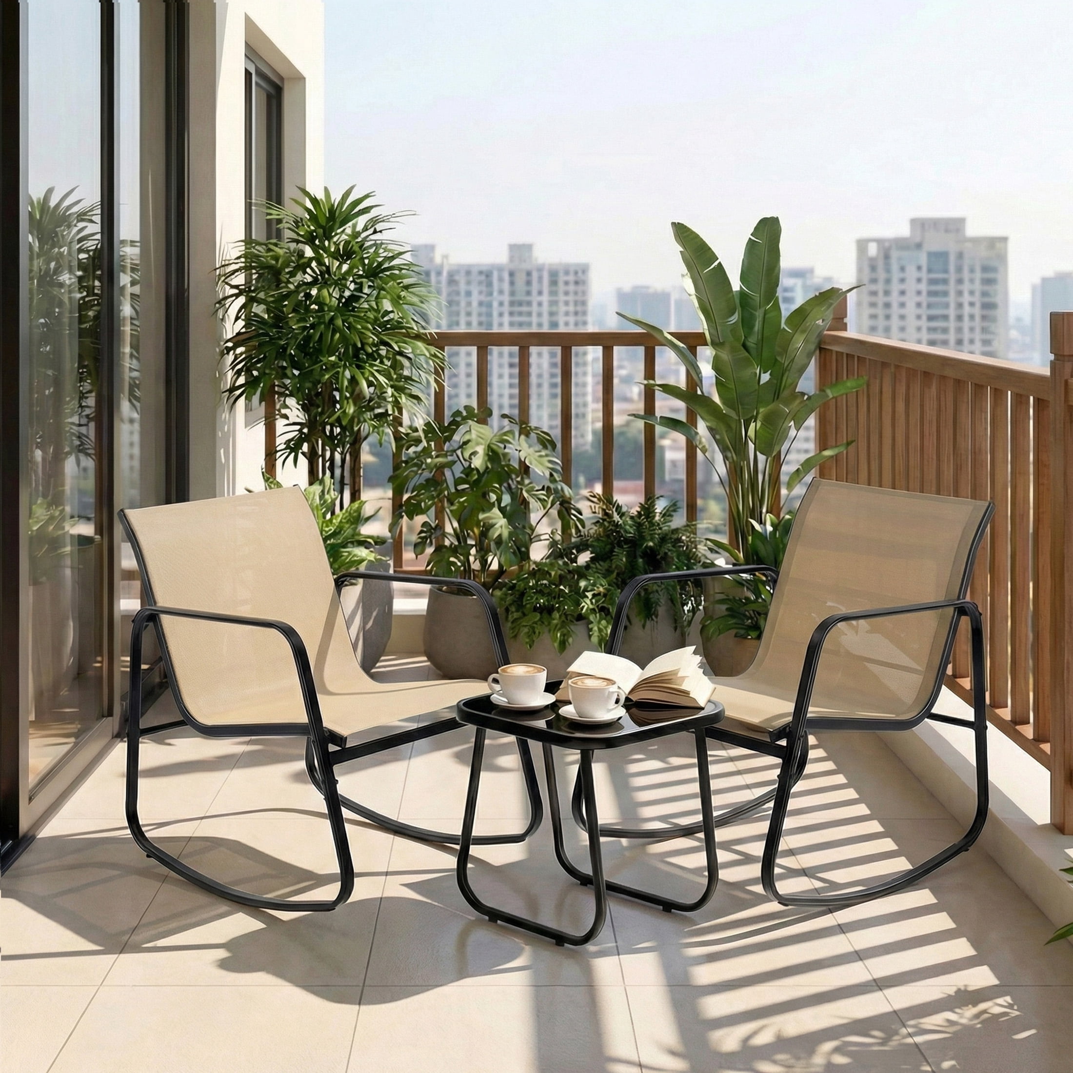 edx 3-Piece Outdoor Rocking Bistro Set with Glass Table Perfect for Poolside, Porch & Lawn, Brown