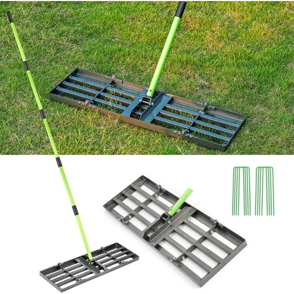 Lawn Leveling Rake 30x10 inch,Stainless Steel Lawn Leveler with Green Positioning Stakes,6.3FT Adjustable Long Handle,Heavy Duty Level Lawn Tool for Backyard, Garden, Golf Course, Farm, Pasture