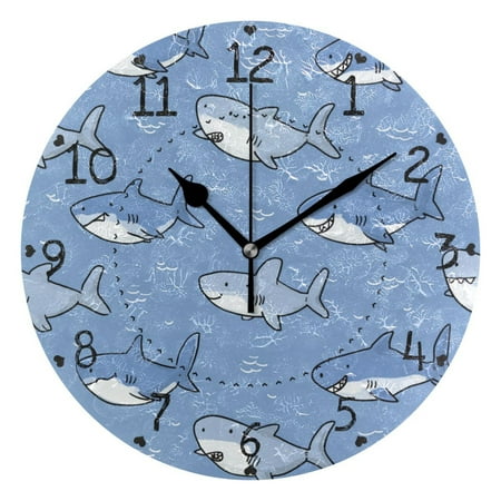 Happy Sharks Round Wall Clock Silent Analog Battery Operated Black Pointer Home Decor 9.84 Diameter
