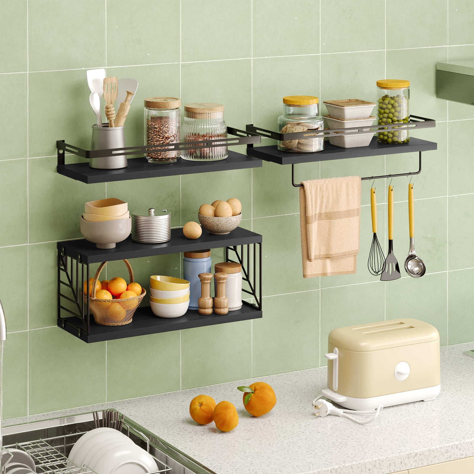 Fairy 4pcs Bathroom Floating Shelves Over Toilet, Wall Shelves with Towel Bar for Bathroom, Living Room (Black)