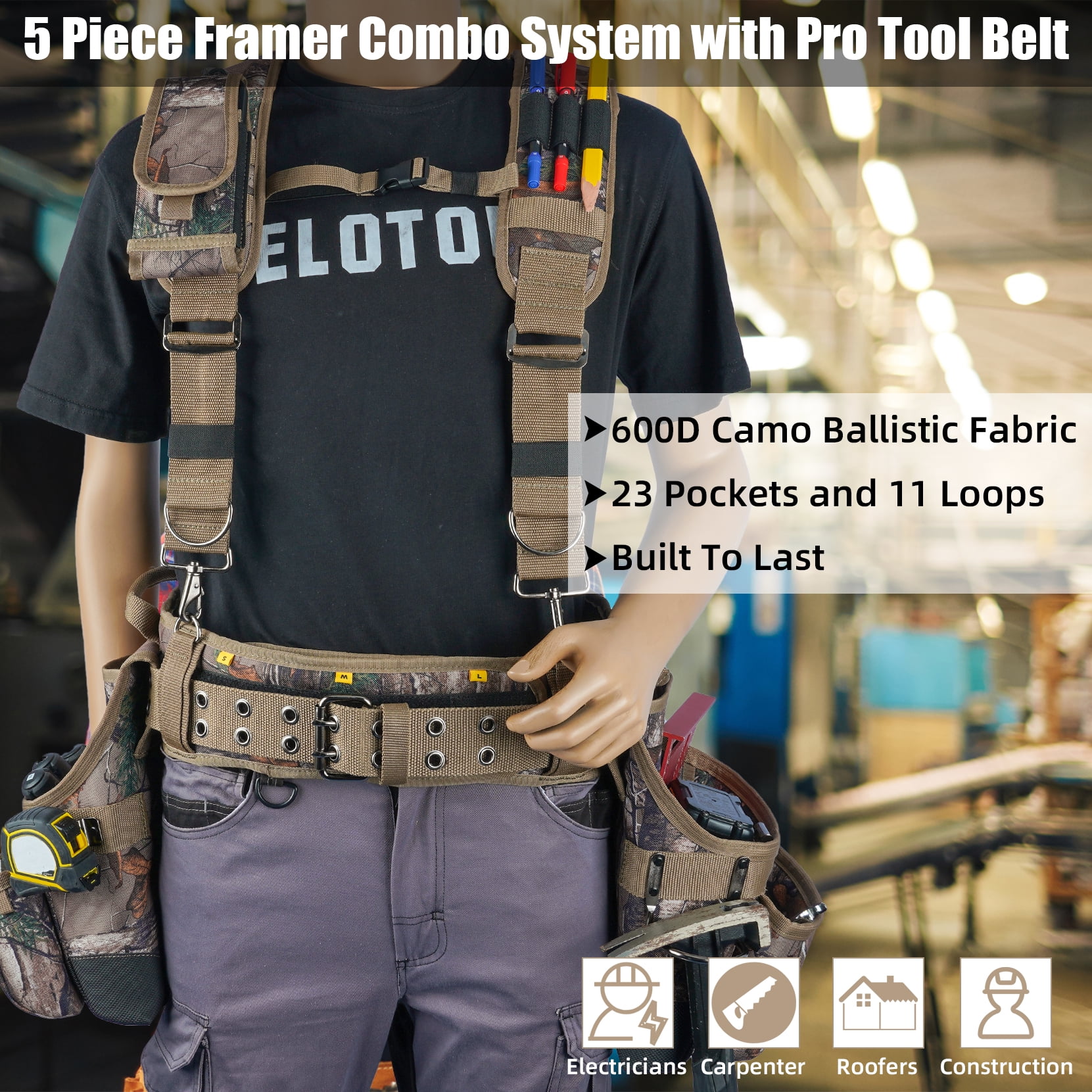 MELOTOUGH Camo Tool Belt with Suspenders Camouflage Tool Bag Supenders Framers Comb Apron Tool Belt Construction Tool Pouch Suspenders Heavy Duty Carpenter Suspension Rig for Electrician