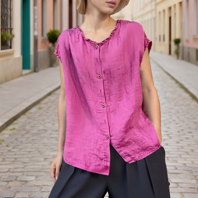 Xuyuer Women's Solid Color Sleeveless Blouse, Lace Collar Cardigan Top Loose Fit Casual Fashion Shirt