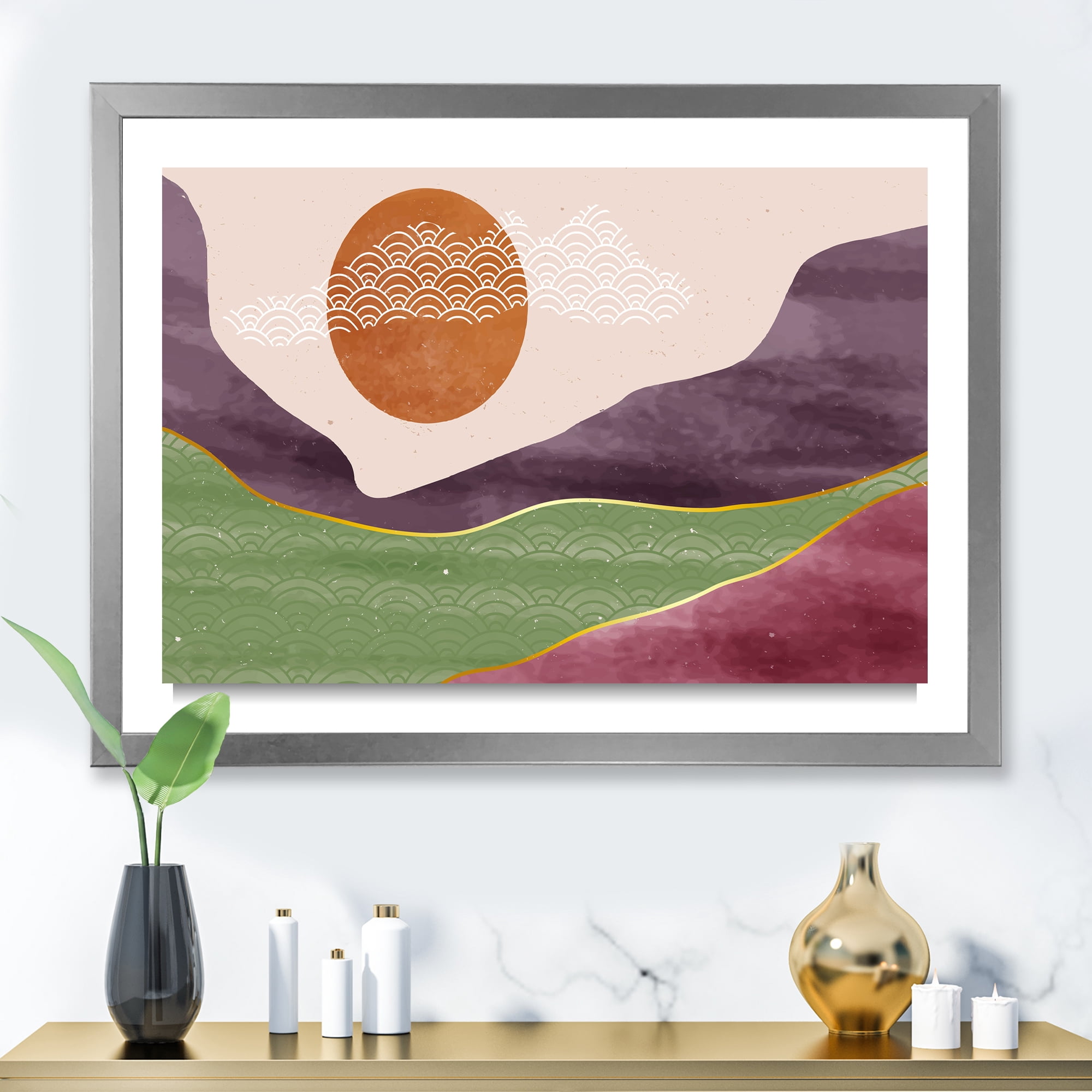 Designart 'Abstract Landscapes With Mountain River and Moon' Modern Framed Art Print