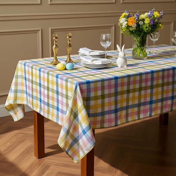 Odenmar Easter Tablecloth 60 x 102 Inch Rectangular, Pastel Plaid Waterproof Table Cover for Dining Table, Spring Party, Indoor Outdoor Use