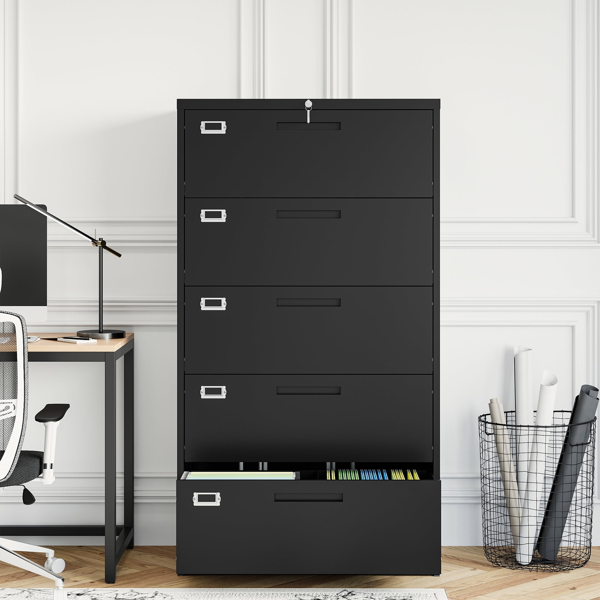 Fesbos 5 Drawer File Cabinet with Lock,Metal Lateral Filing Cabinets for Home Office Hanging Files Letter/Legal/F4/A4 Size, Assembly Required - Black