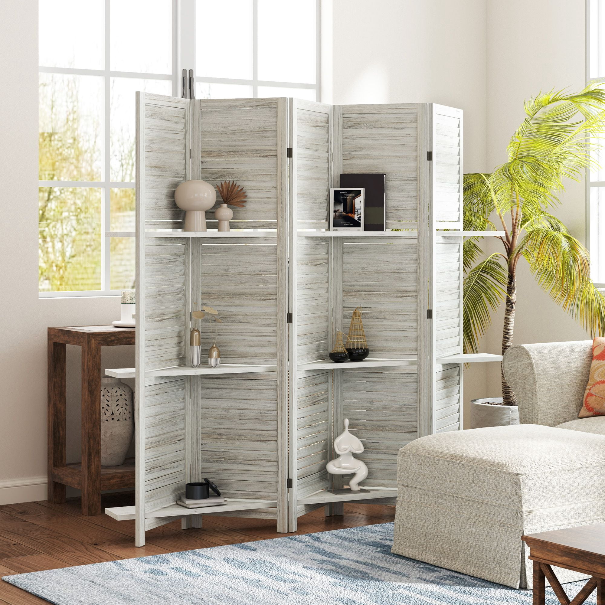Alvantor 5 Panel Room Divider 67" Wood Privacy Screen with Storage Shelves for Porch Living Room Dorm White
