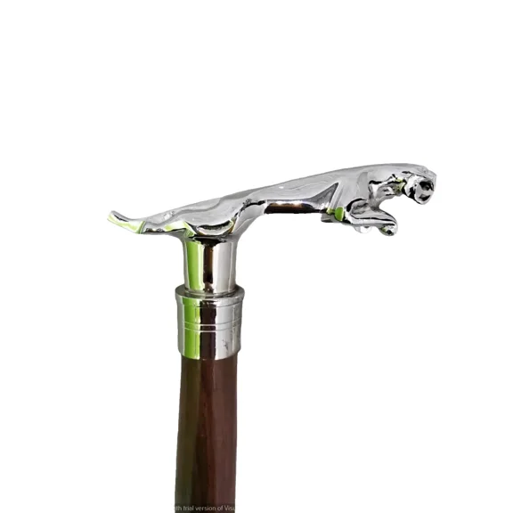 Jaguar Handle Wooden Walking Stick Cane Brass Chrome Finish Brown Sturdy wood.