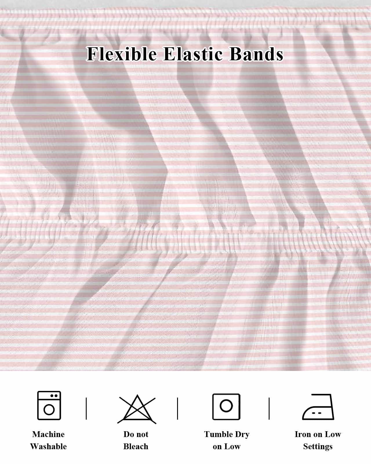 Farmhouse Pink White Striped Bed Skirt King Size, Modern Stripes Wrap Around Bed Skirting with Adjustable Elastic Strap, Dust Ruffle Pleated Bedskirts 16 Inch Drop for Bedroom King Beds