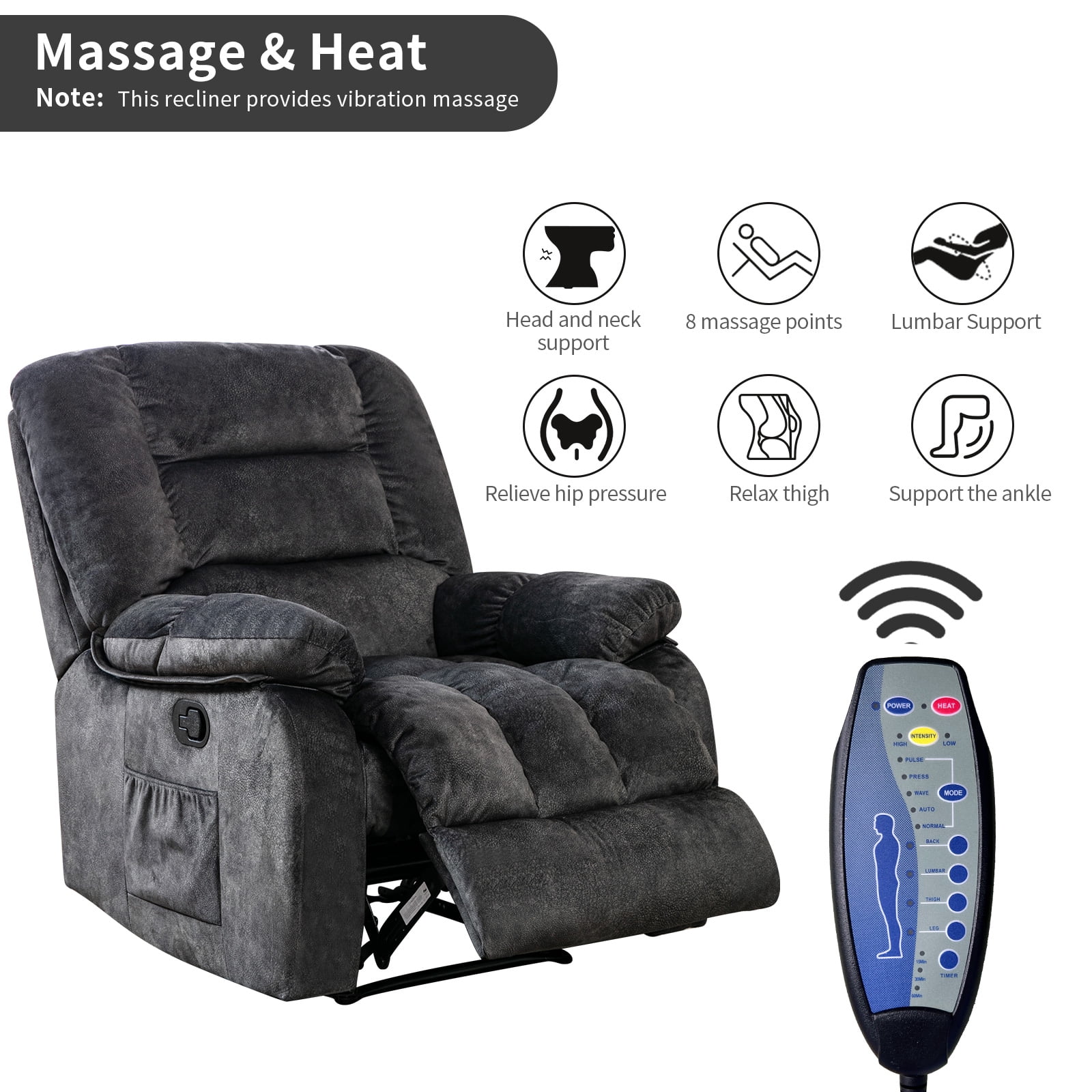 Bonzy Home Recliner Chair with Massage and Heat Overstuffed Fabric Metal frame Manual Reclining Chair Sofa for Living Room