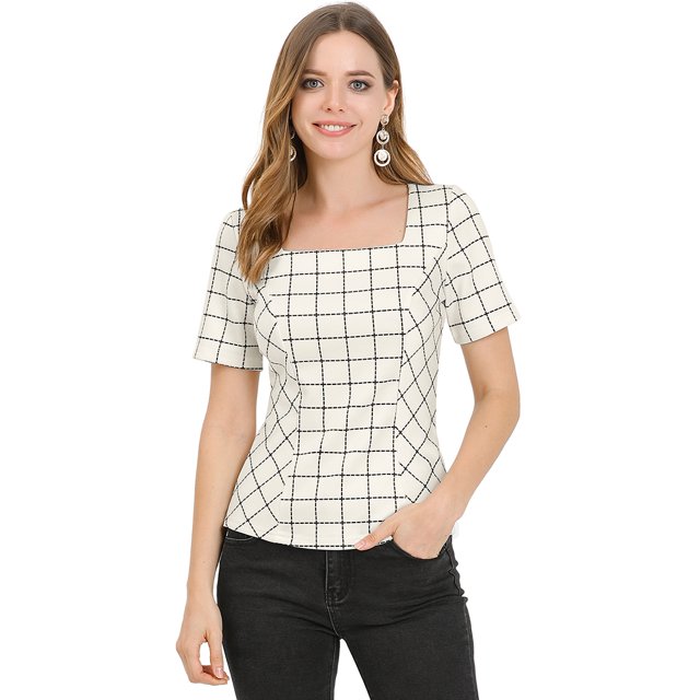 INSPIRE CHIC Blusa de cuadros de cuadros con cuello cuadrado para mujer, camisa de manga corta de verano para oficina Blanco crema XS