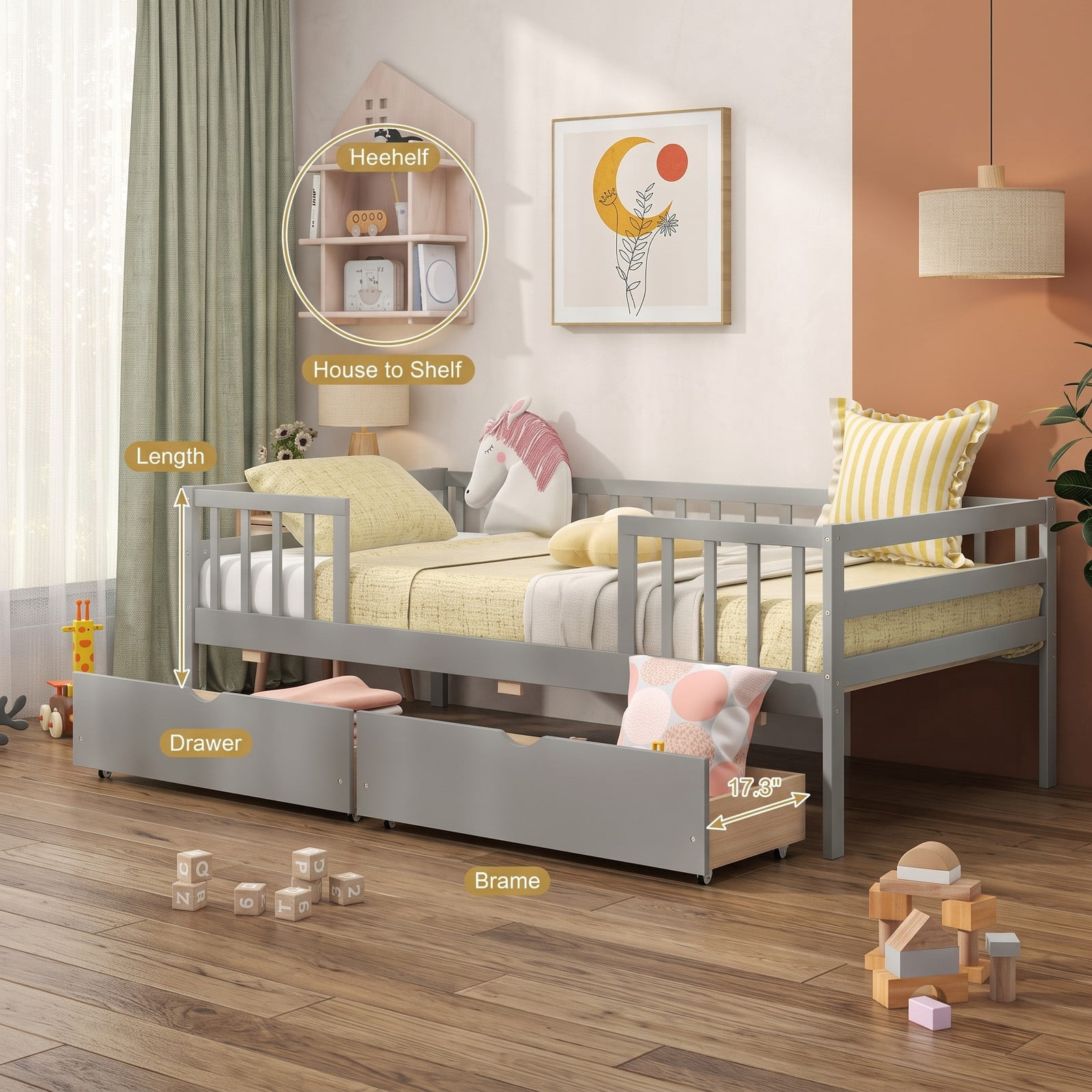 Furnibear Twin Wood Daybed with Full Fence Rails and 2 Pull-Out Storage Drawers for Kids Bedroom and Toddler Play Room, Gray