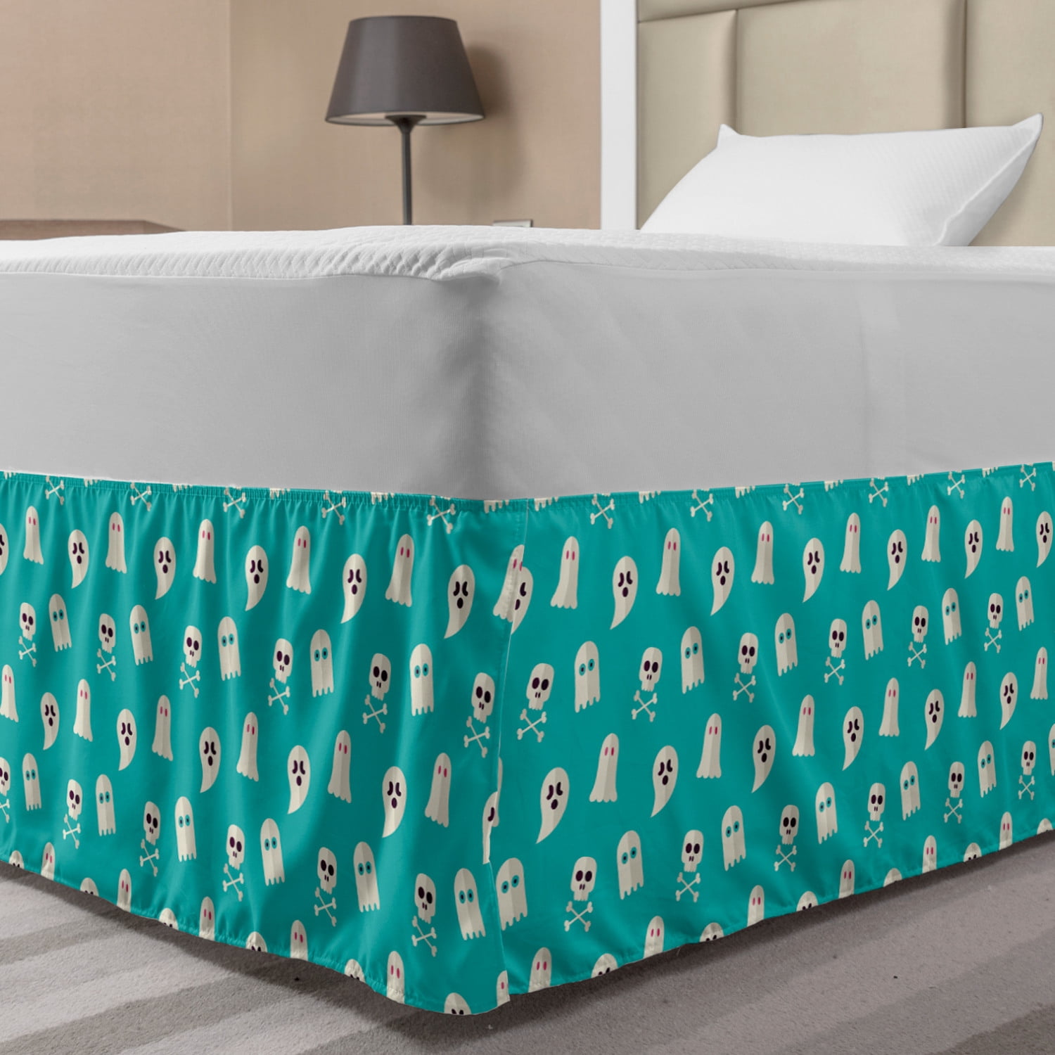Ghost Bed Skirt, Scary Ghost Spirits Skulls and Bones on Turquoise ...