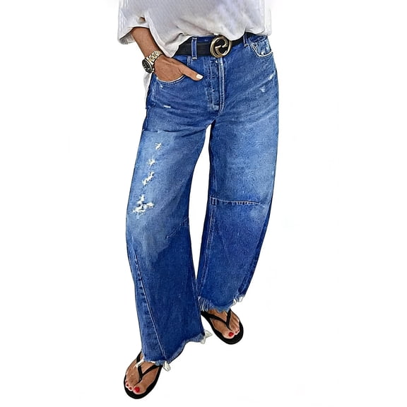 Women's High Waist Barrel Leg Jeans - Deep Blue Washed Denim with Distressed Ripped Detail, Frayed Raw Hem, Relaxed Cropped Fit Pants for Casual Daily & Boho Outings