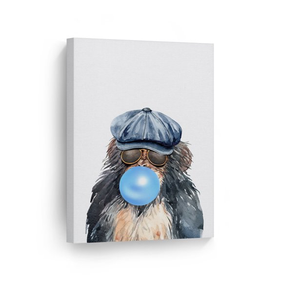 Smile Art Design Portrait of Monkey with Hat and Sunglasses Chewing Blue Bubble Gum Canvas Wall Art Print Safari Animal Pop Art Office Living Room Bedroom Kids Baby Nursery Room Decor - 17x11