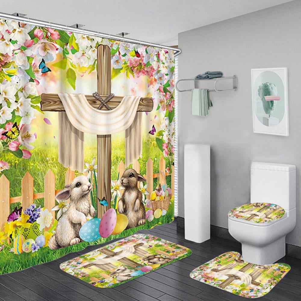 Aosijia 4 Pcs Easter Shower Curtain Bunny Rabbit Easter Bathroom Shower