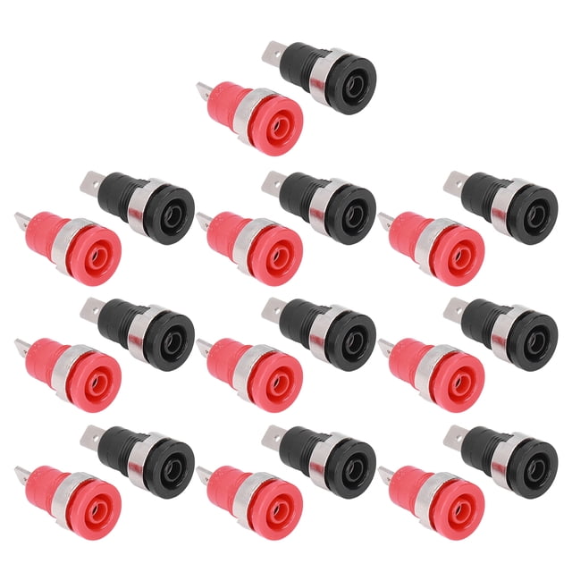 10 pares de conectores banana de 4 mm con retorno seguro, niquelados en rojo y negro, para equipos electrónicos industriales.