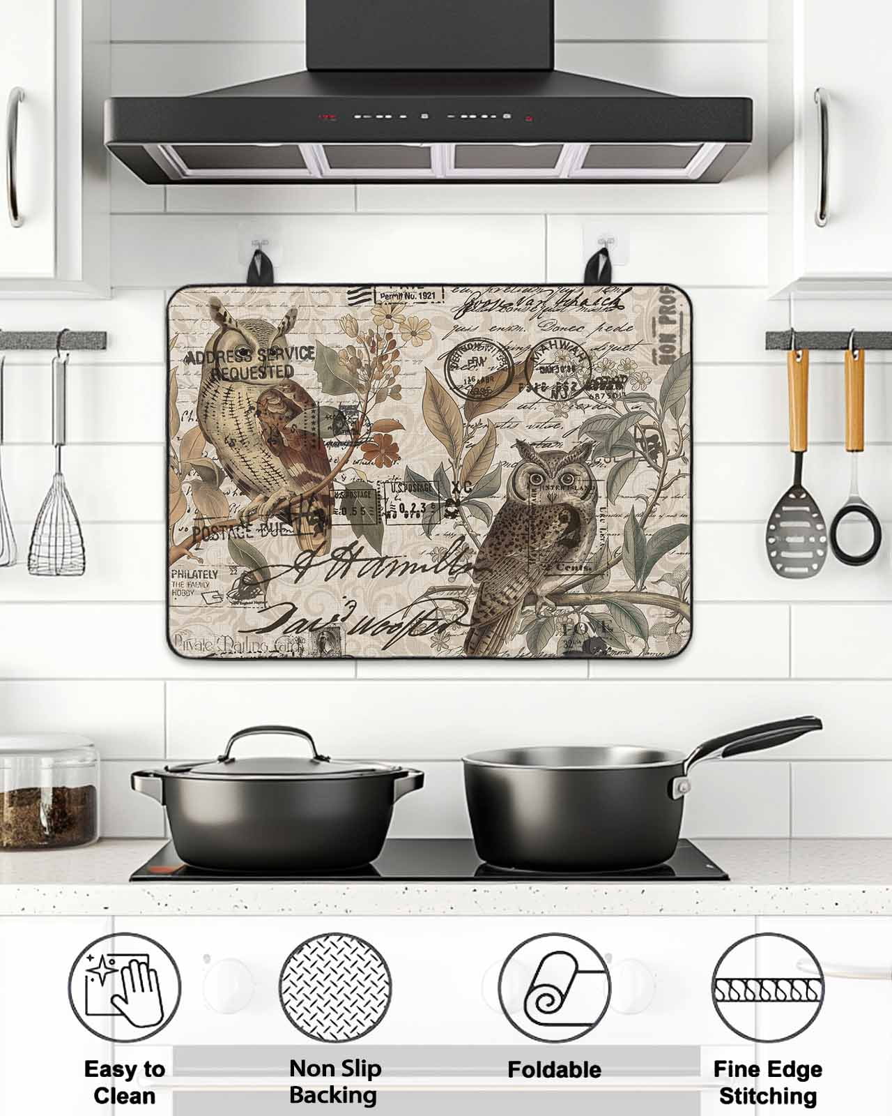 Stove Top Covers for Electric Stove, Country Owl Glass Stovetop Cover Protector, Rustic Sping Floral Botanical Postmark Induction Cooktop Protector Oven Mat for Kitchen Countertop 24"x21"