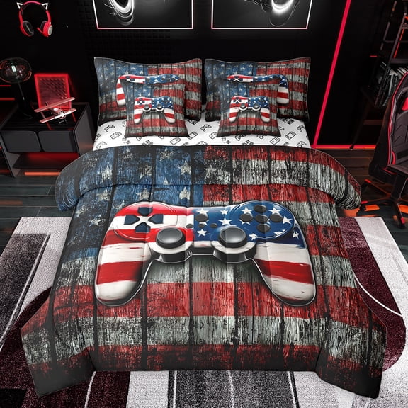 Feelyou Gamepad Lover Boys Twin Bedding Sets 7-Piece, Rustic Wooden Cabin Bedding Comforter Set, Retro American Flag Reversible Sheet Sets, Ultra Soft Bedroom Decor