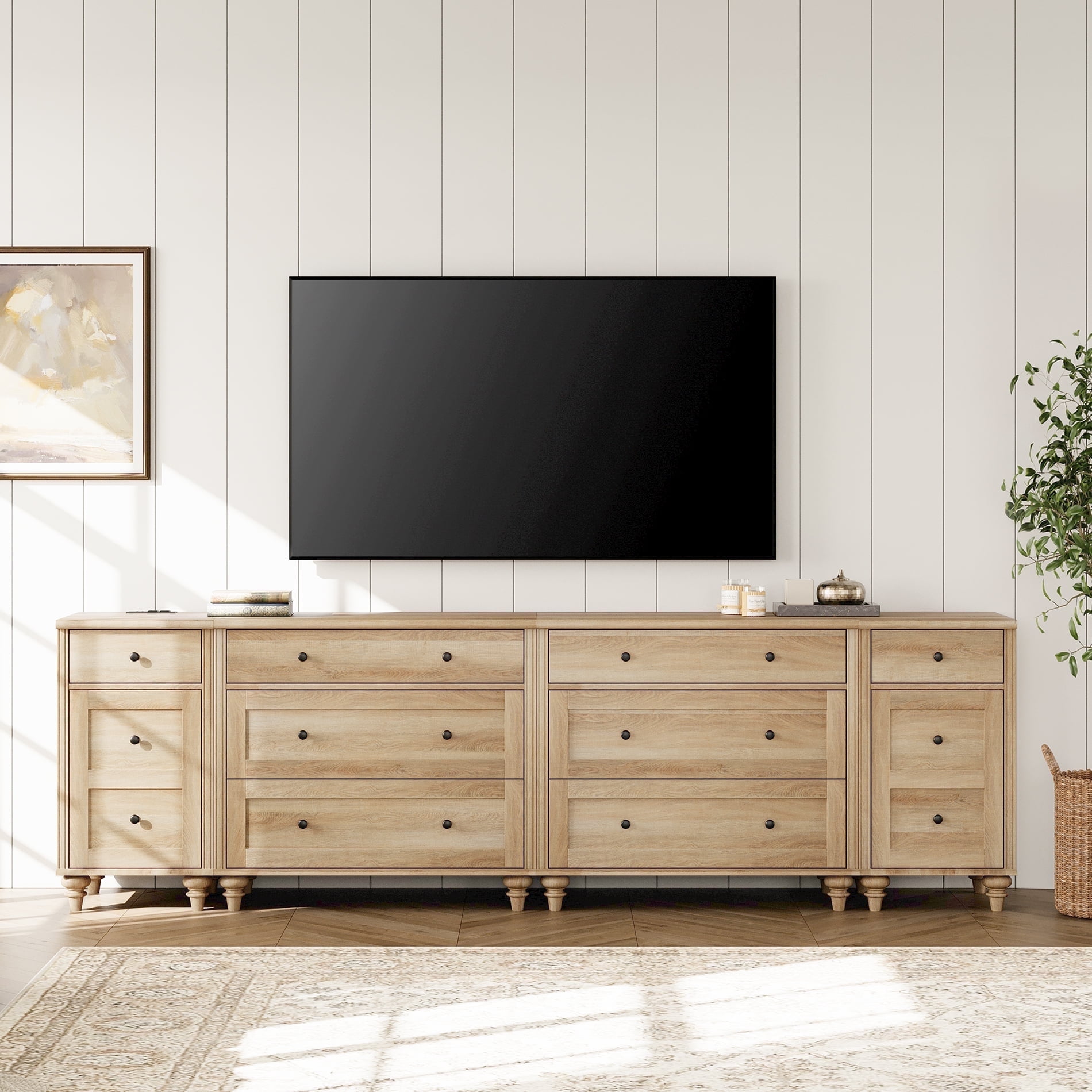 WAMPAT Farmhouse TV Stand for 100 Inch TV, 3-in-1 TV Console Table with 8 Drawers and 2 Storages, Entertainment Center with Charging Station for Living Room, Oak