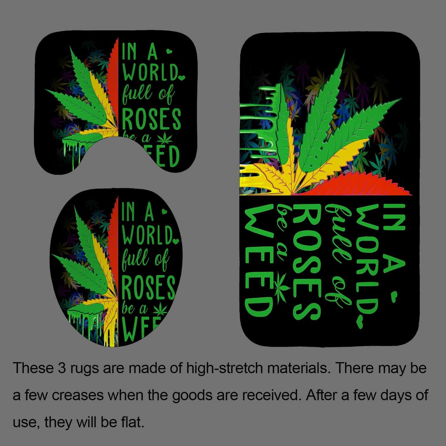 4PCS/Set Weed Leaf Shower Curtain set, Jamaican Rasta Reggae Cannabis Marijuana Leaf Bathroom Decor, Waterproof Fabric Black Bath Curtain, Non-Slip Bath Rugs Toilet Carpet, Green Red Yellow