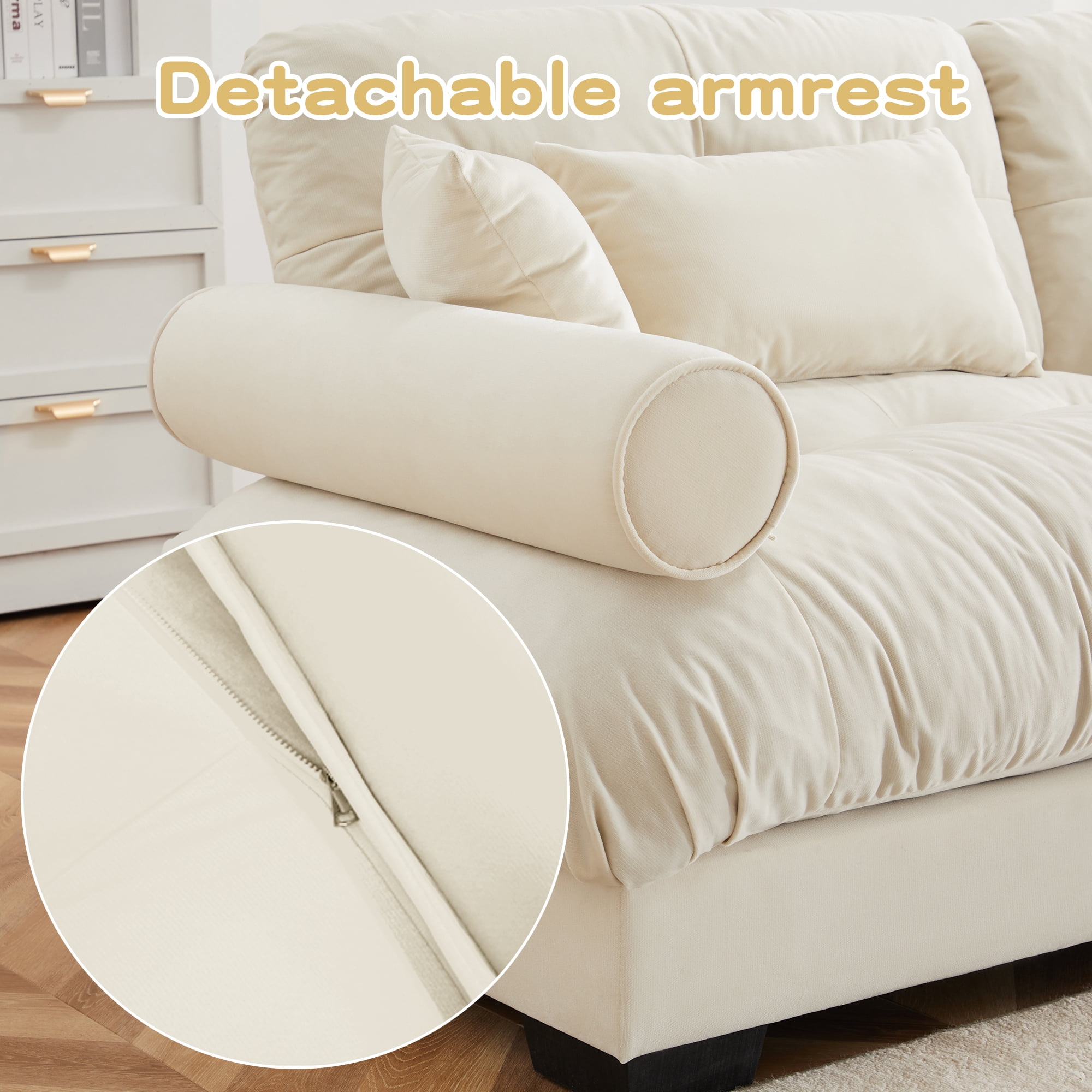 Alvantor L-Shaped Sectional Sofa 3-Seater Velvet Sofa Couch with Bolstered Armrests for Living Room, Easy Assembly Cream