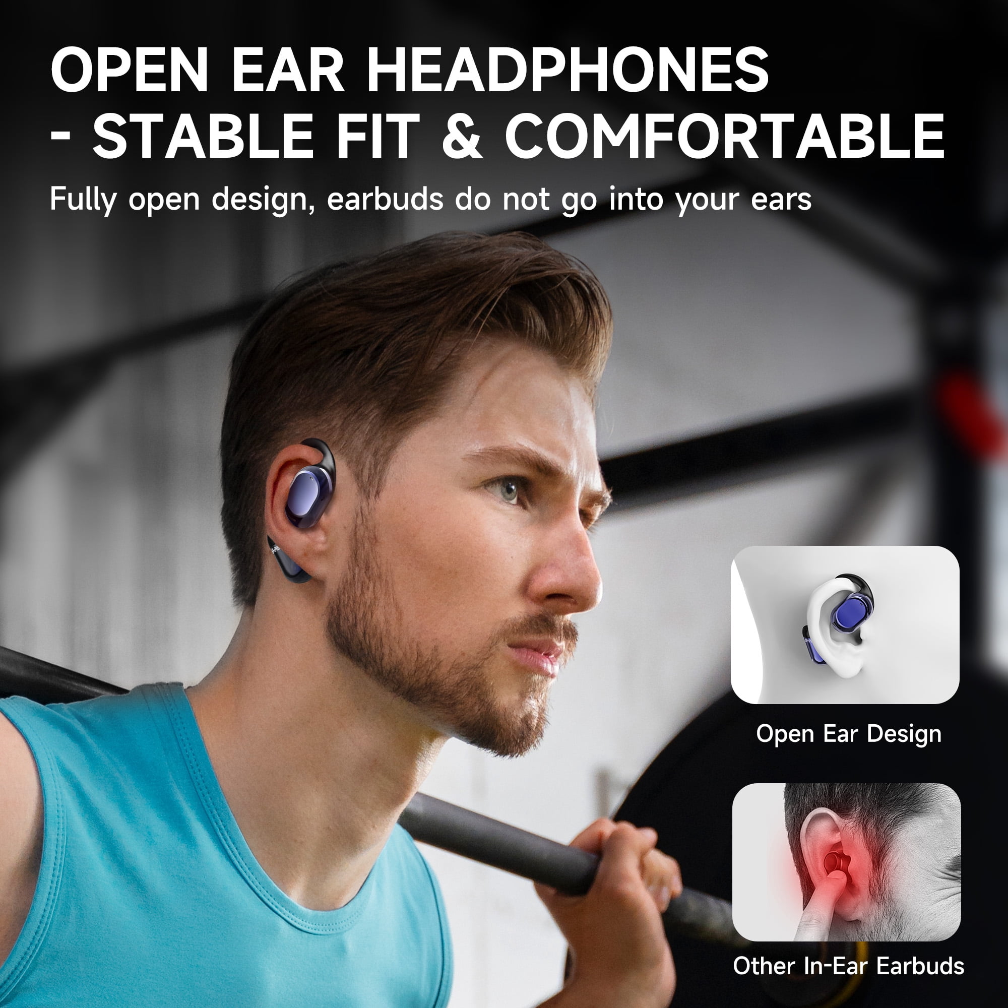 Open Ear Headphones, Wireless Earbuds Bluetooth 5.3 Air Conduction Headphones with Earhooks and Mic, Utra-Light, 48H Playtime, Waterproof Sport Headphones for Running Cycling Workout Driving
