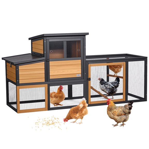 PETSFIT Wooden Chicken Coop for 2-4 Chickens, Backyard Coop with Run, 2 Nesting Boxes and 2 Roost Bars, PVC Windows, Easy-Clean 3-Door Access,Weather-Resistant PVC Roof, 6 Ground Stakes