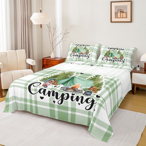 Homewish Teens Happy Camping 3pcs Twin Sheet Sets,Adventure Theme Twin Fitted Sheet,Geometric Plaid Grid Breathable Flat Sheet,Luxury Bedroom Decor