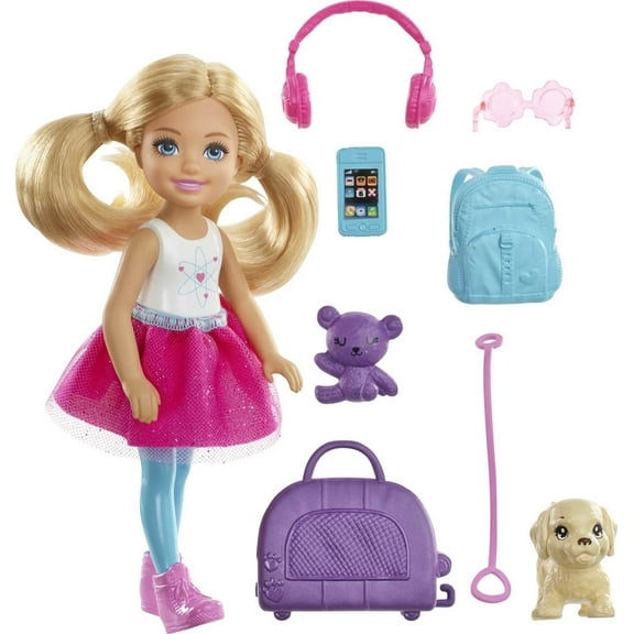 Barbie Dreamhouse Adventures Chelsea Doll & Accessories, Travel Set with Puppy, Blonde Small Doll