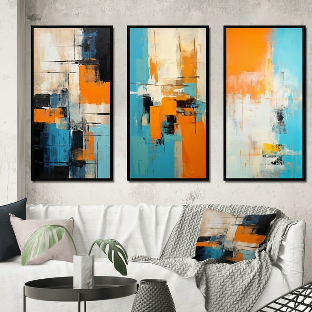 Designart "Destructed Colorfields Minimalist Abstract I" Peinture Abstraite Encadrée Ensemble d'Art Mural de 3 - Cadre Moderne Bleu Ensemble de Galerie pour Décoration de Bureau