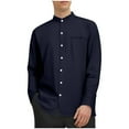 thumbnail image 3 of UVEASISHA Band Collar Linen Shirts for Men Long Sleeve Casual Button Down Shirt Side Slit Lightweight Business Work Shirts Navy M, 3 of 7