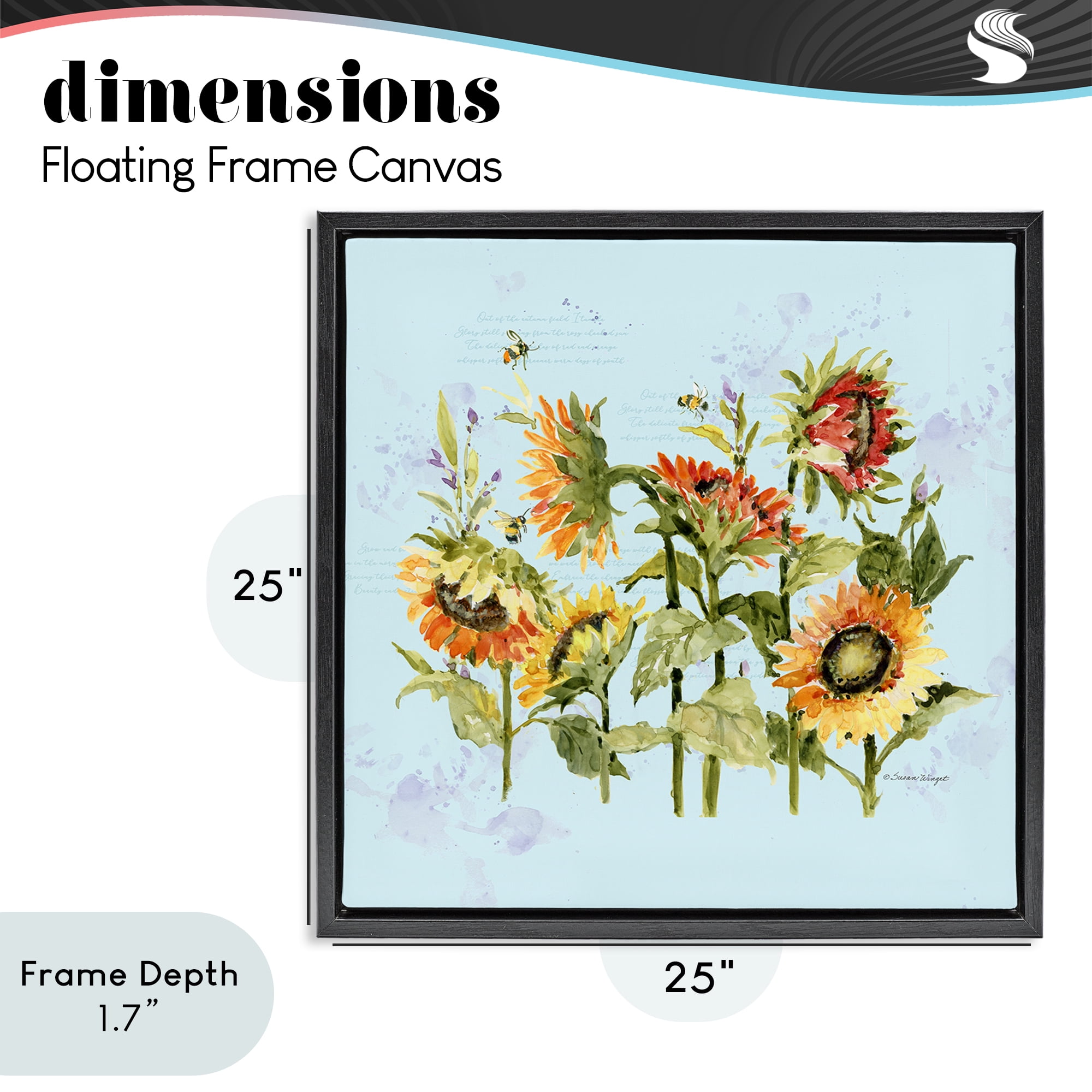 Stupell Industries Sunflowers & Bee on Blue Black Framed Floater Canvas Wall Art, design by Susan Winget
