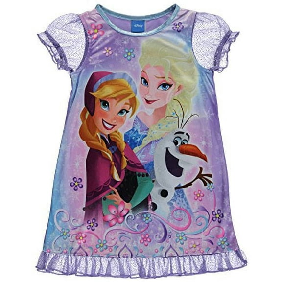 Frozen Girls Anna, Elsa and Olaf Satin and Tulle Nightgown Pajama Gown, Size 8