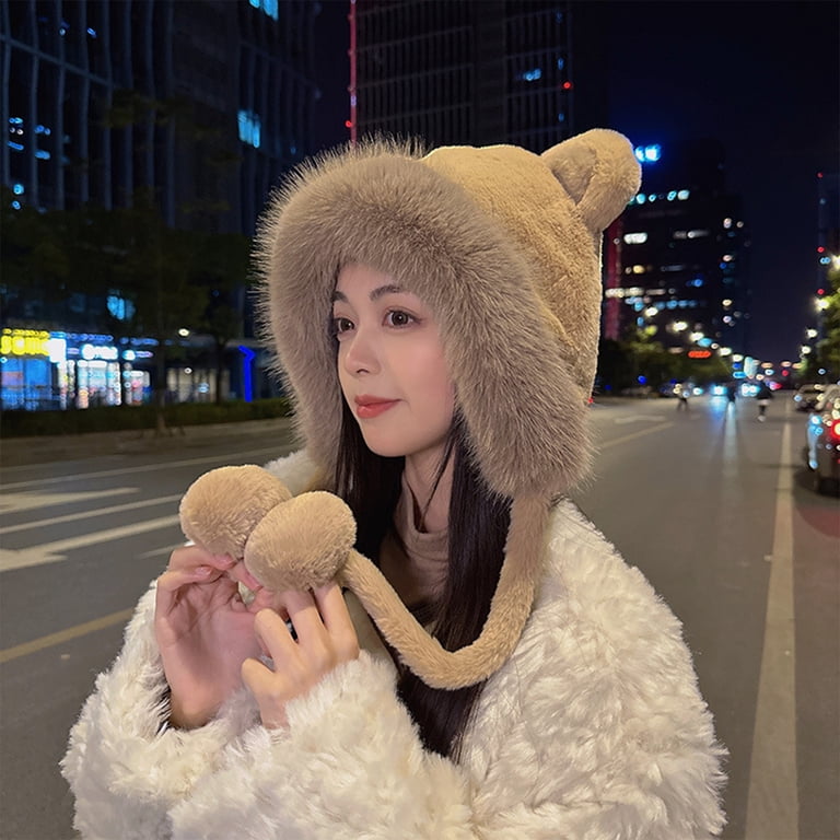 Cute Plush Faux Fur Cap with Ear Flaps Fuzzy Bear Hat Soft  display picture 1