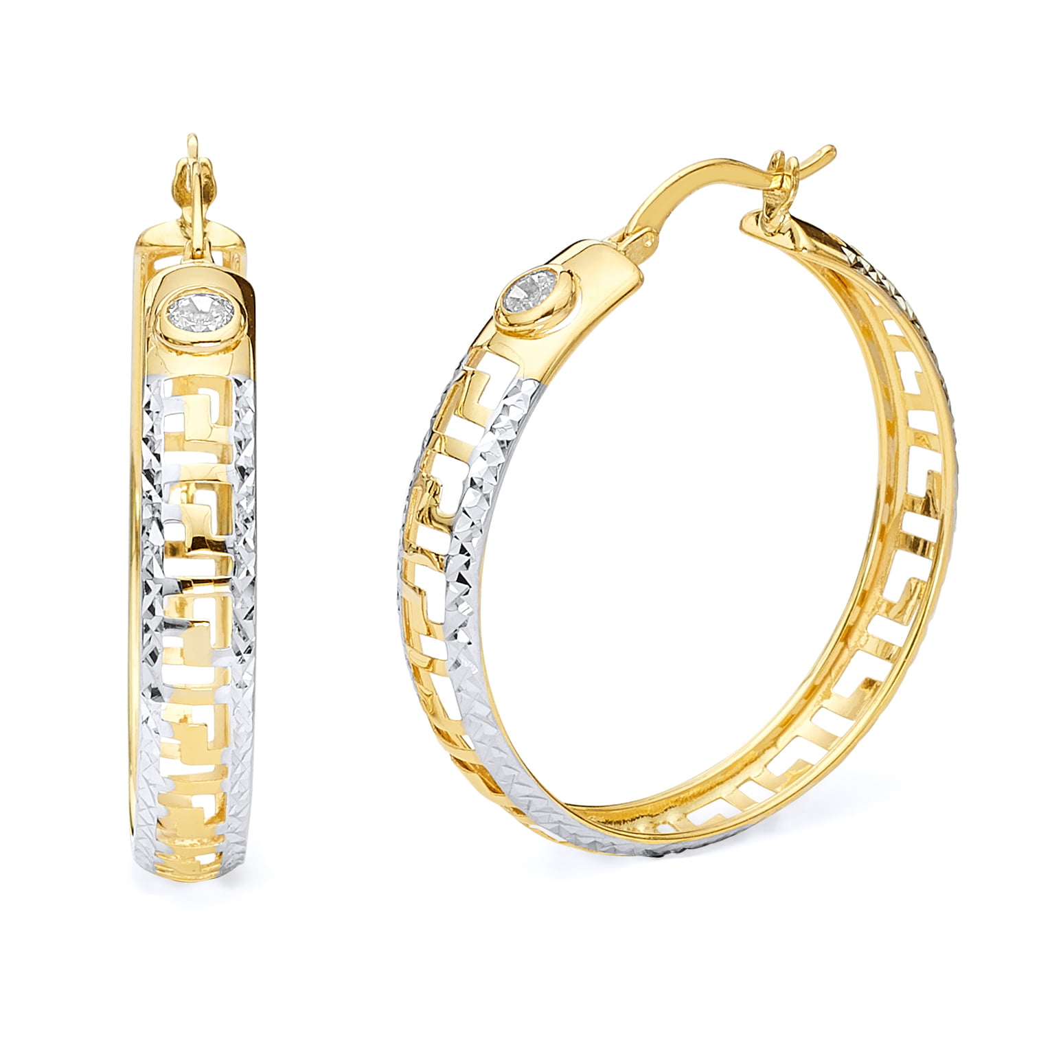 Wellingsale Ladies 14k Two 2 Tone White and Yellow Gold Polished 6mm Greek Design Hoop Earrings 28 x 28 mm