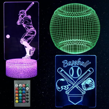 

YSTIAN Baseball Player Bat Night Light for Kids Bedroom 3D Illusion Lamp 3 Patterns 16 Colors Changing Dimmable Room Decor Smart Touch & Remote Control Birthday Gift Teen Boy Girl Sports Fan