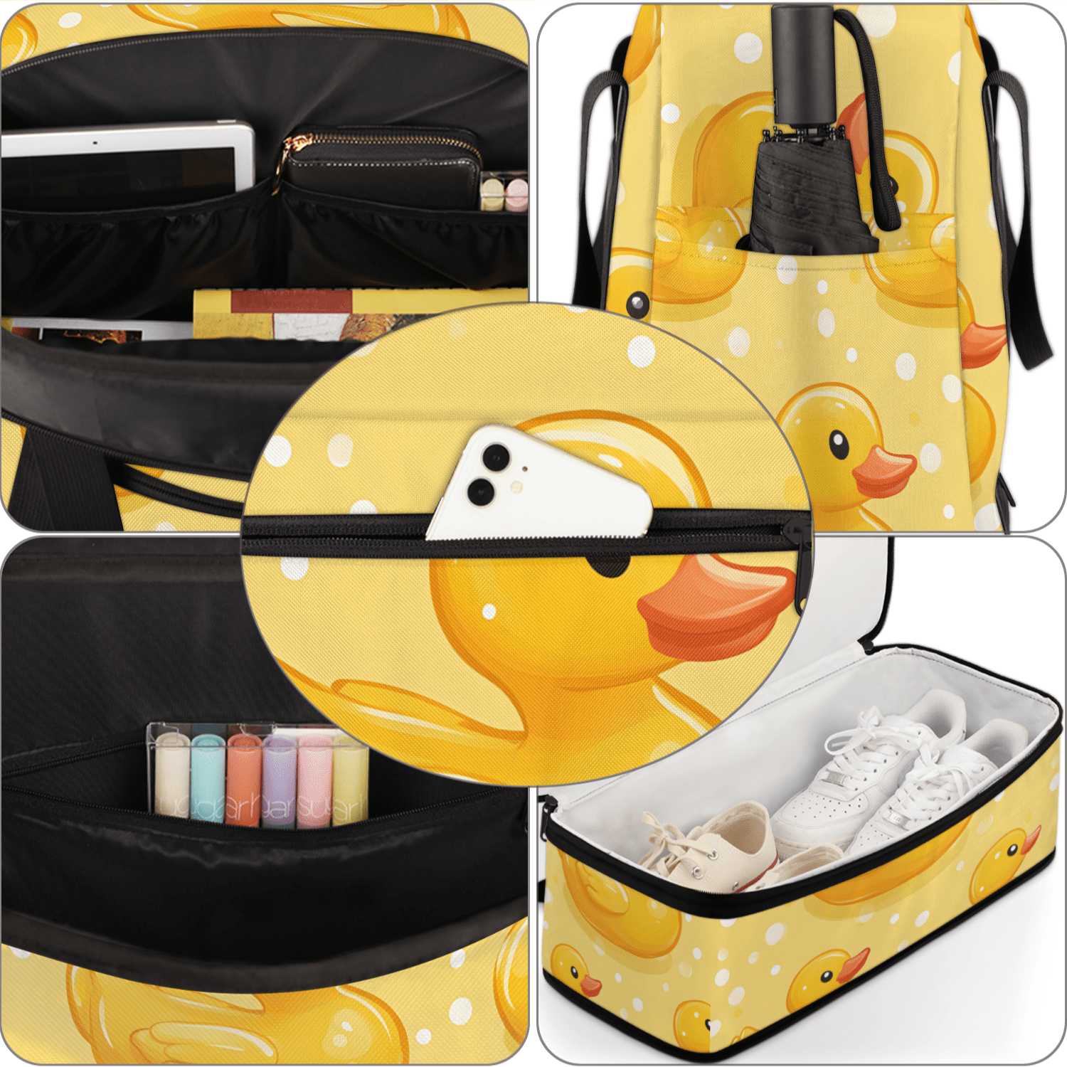 Herdesigns Yellow Duck Foldable Travel Duffel Bag for Women Men, Polka Dots Weekend Overnight Carry On Bags with Shoe Compartment