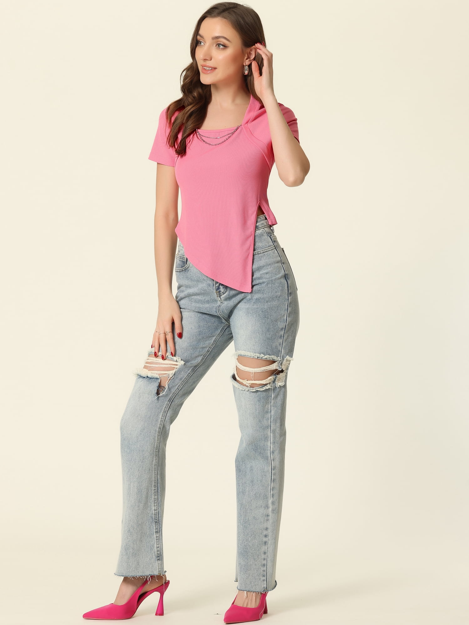 Unique Bargains Asymmetrical Crop Top for Women's Short Sleeve Square Neck T-shirt L Pink