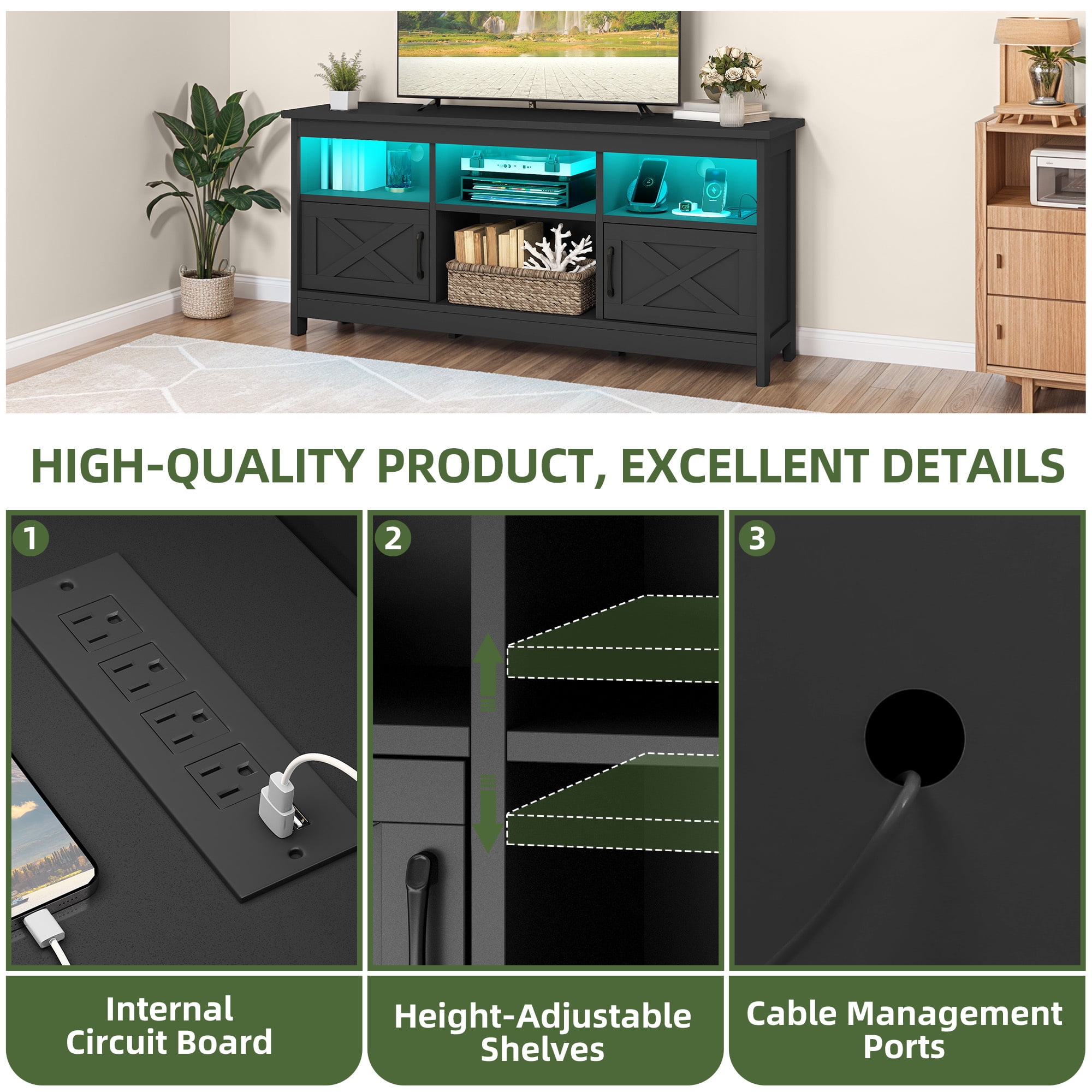 Uforic 59" TV Stand for 65" TV - Black Entertainment Center with Storage Cabinets, Open Shelves, 24-Color LED Light Strip & Integrated Power Strip, Ideal for Living Room or Bedroom Media Console