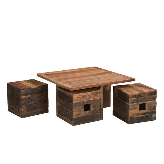 Solid Wood 36" Square Coffee Table With Pull Out Seating Stools | Rustic Distressed Wood Center Table | Ranch Gameroom Table With Seating