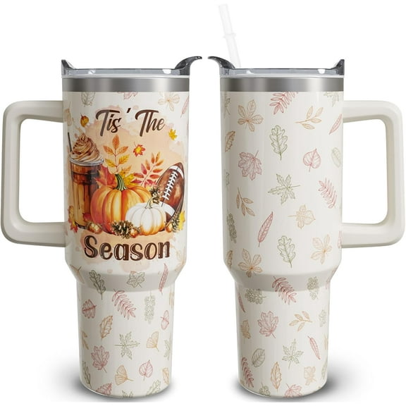 40 oz Fall Tumblers with Handle and Straw, Pumpkin 40oz Stainless Steel Vacuum Insulated Travel Coffee Mug Cup Water Bottle, Thanksgiving Autumn Decor Stuff Accessories Gifts for Women