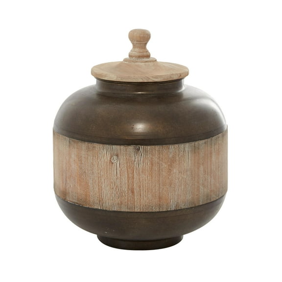 DecMode 12" x 14" Brown Metal Decorative Jars with Wood Lids, 1-Piece
