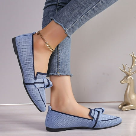 Bowknot Decor Breathable Knitted Loafers Women 2024 Autumn Soft Bottom Pointed Toe Ballet Flats Woman Slip On Solid Casual Shoes (Blue 41)